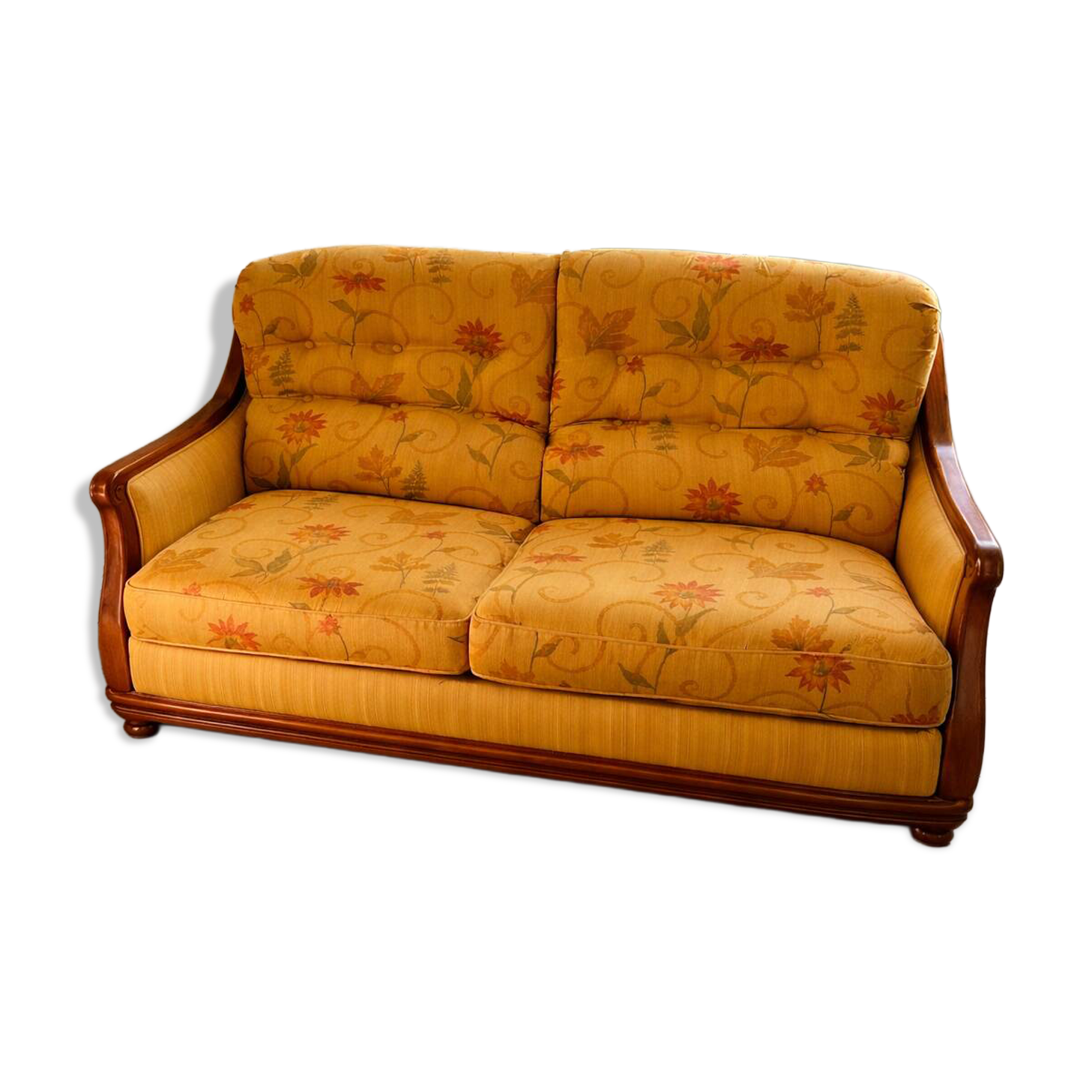 Canapé convertible 2 places en bois et tissu floral jaune, années 1970