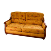 Canapé convertible 2 places en bois et tissu floral jaune, années 1970