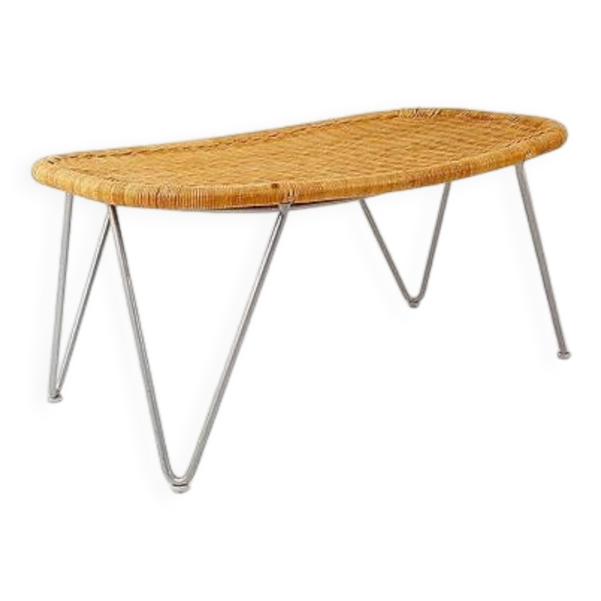 Vintage wicker stool / footstool with gray metal hairpin legs - Ikea