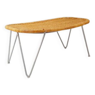 Vintage wicker stool / footstool with gray metal hairpin legs - Ikea