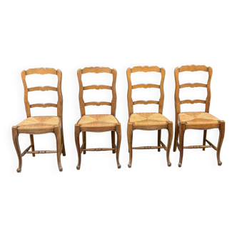 4 chaises Louis XV en bois massif chêne et paille