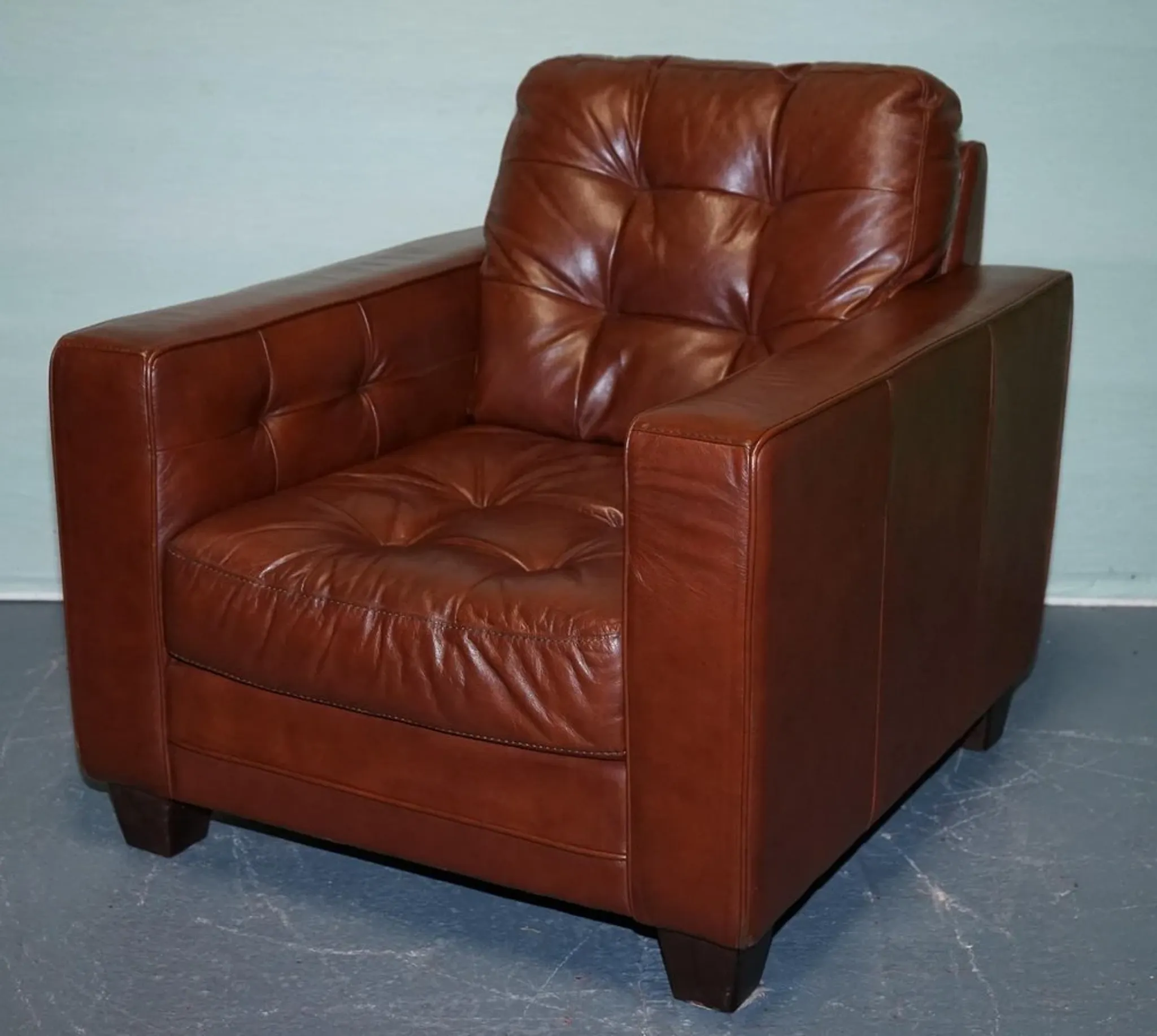 Vintage Minimalist Brown Leather Buttoned Armchair