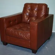 Vintage Minimalist Brown Leather Buttoned Armchair