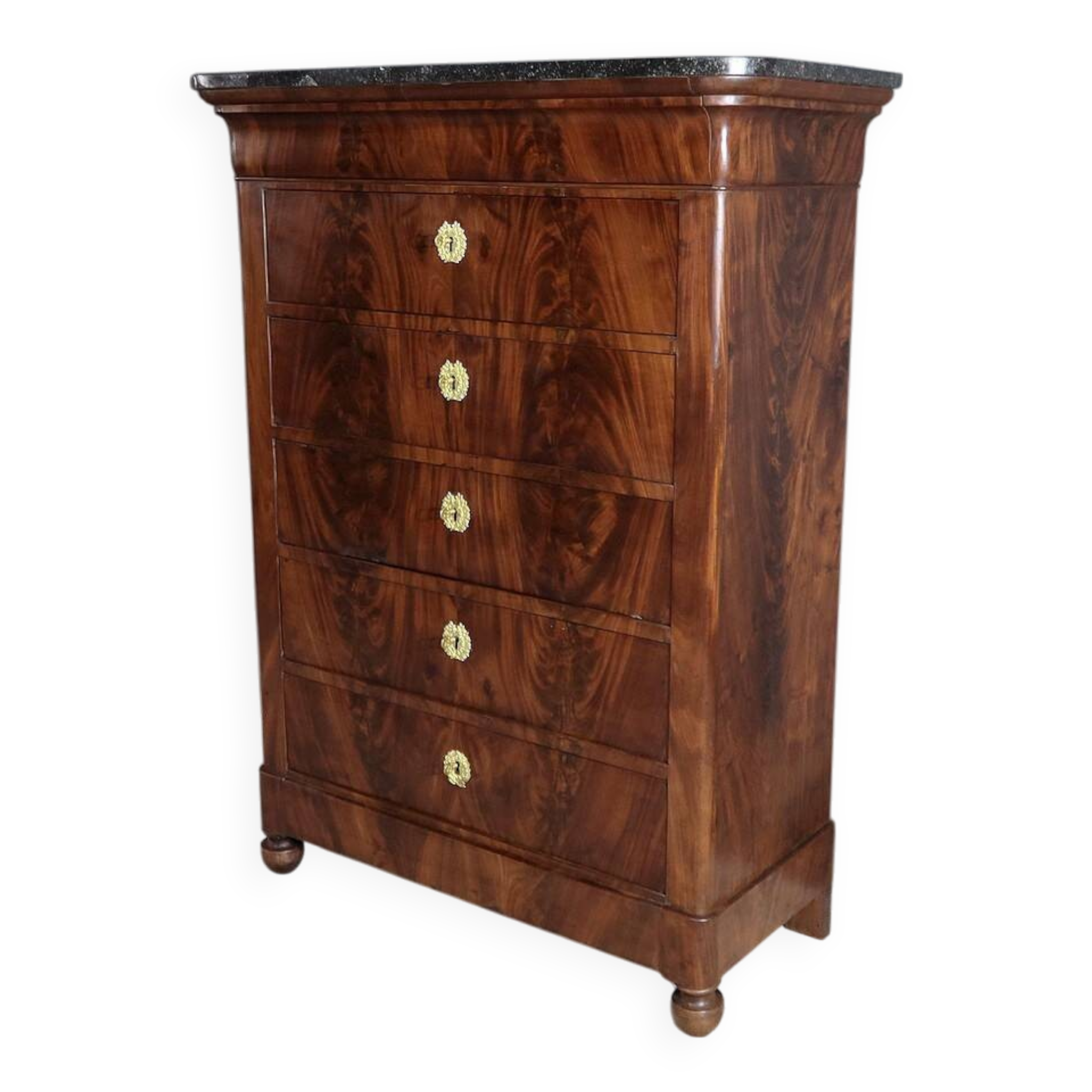 Chiffonnier en ronce d’acajou, époque Restauration – Début XIXe