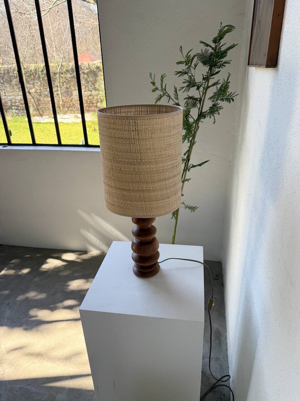 1950s turned oak wood table lamp