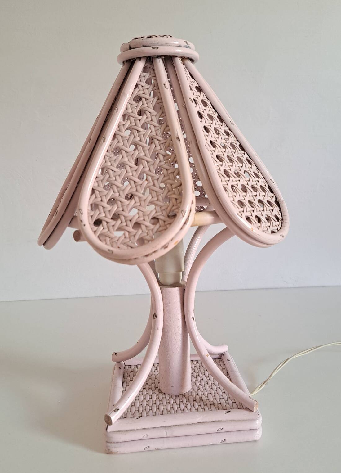 Pair of cane and bamboo bedside lamps