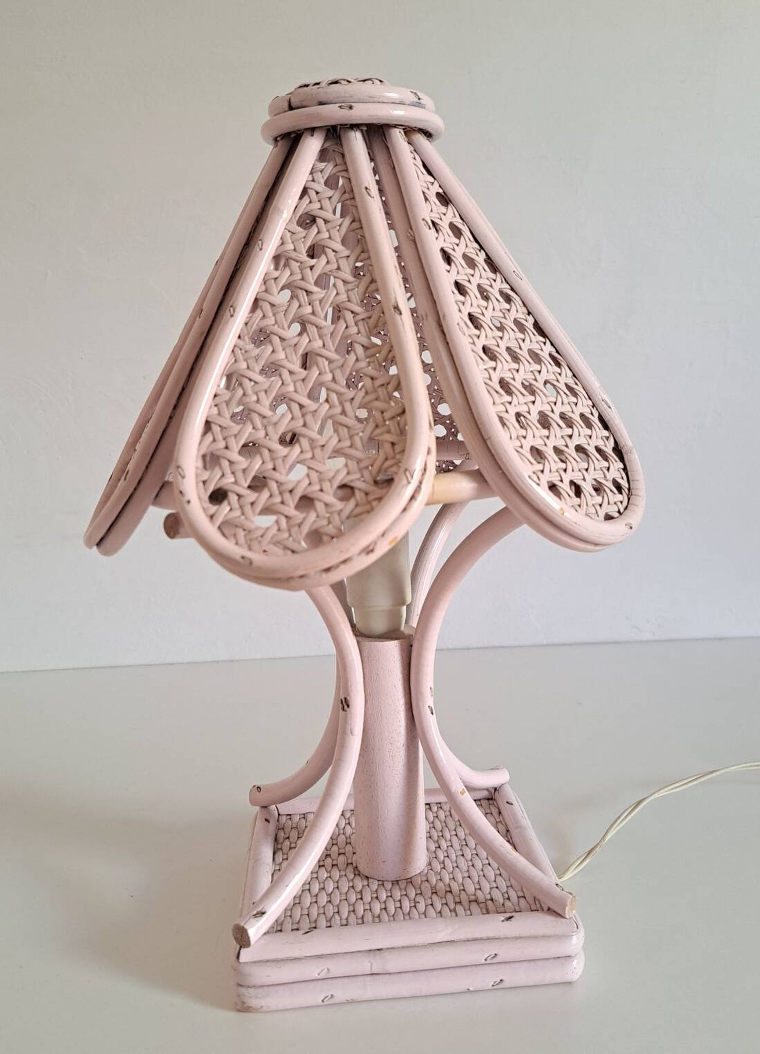 Pair of cane and bamboo bedside lamps