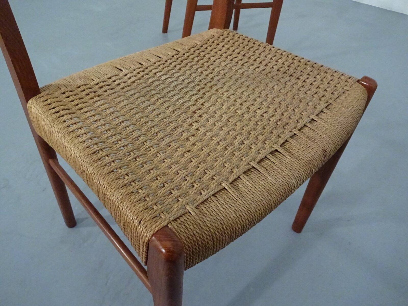 Set of Teak and Paper Cord Dining Chairs by Ejner Larsen for Glyngøre Stolefabrik, 1960s