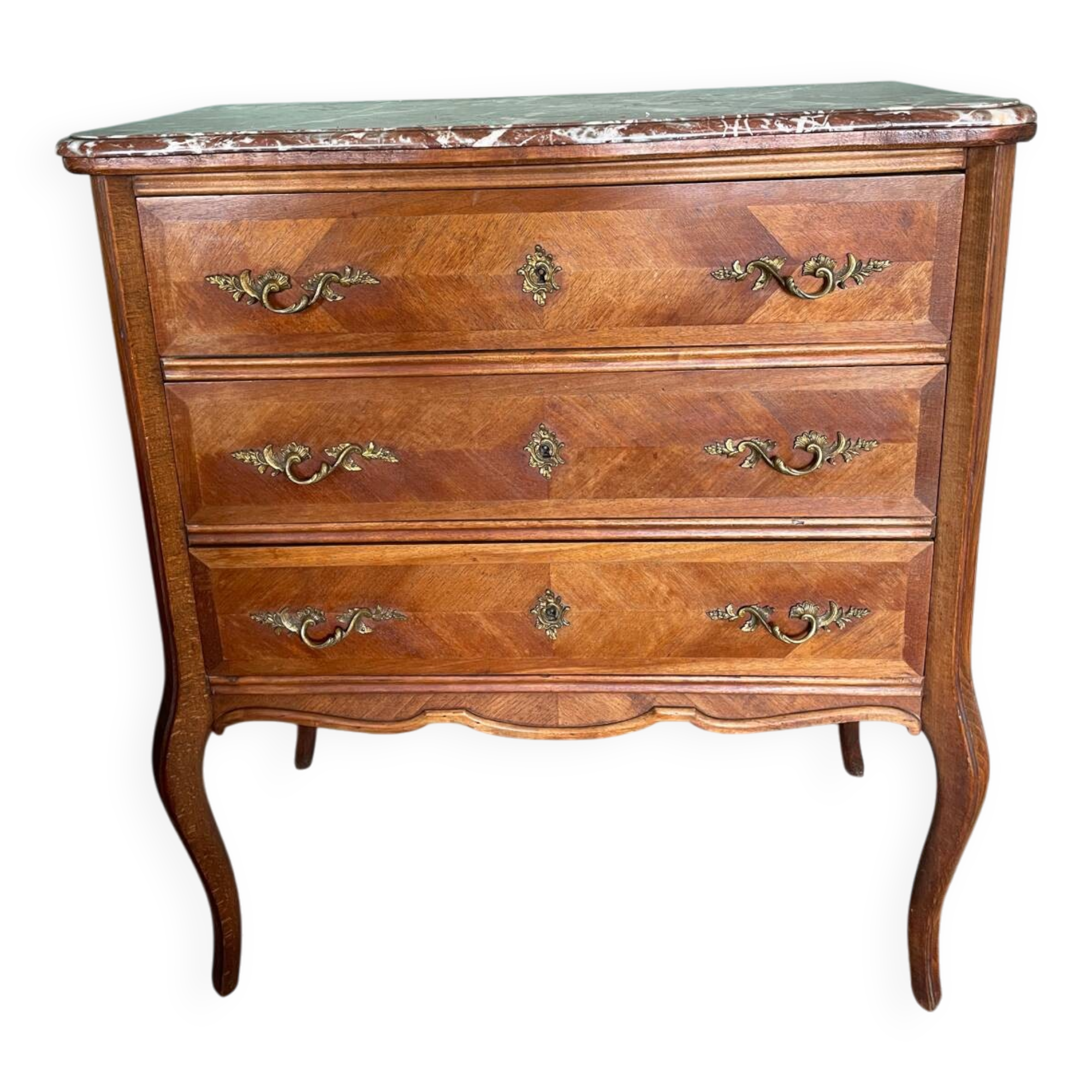 Small Louis XV chest of drawers – veined pink marble