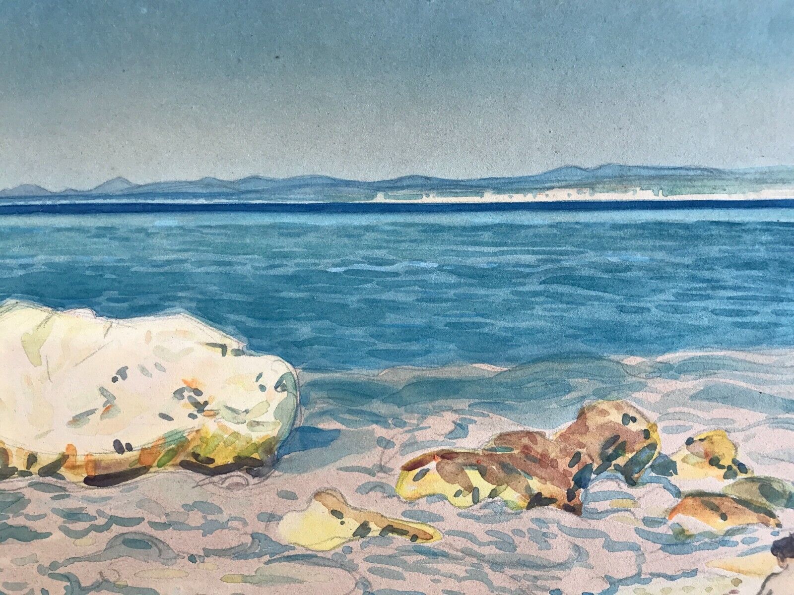 Original watercolor by Tony Minartz, bathers on a rocky beach in the Mediterranean