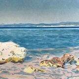 Aquarelle originale de Tony Minartz, baigneuses sur une plage rocheuse de la Méditerranée