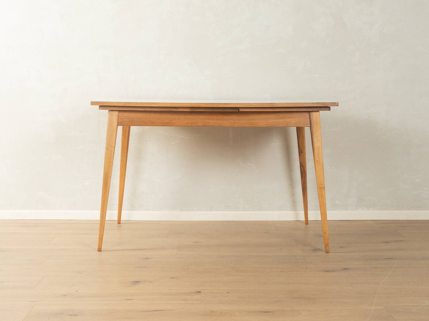 Classic extendable dining table from the 1950s, solid ash wood, new cream white Resopal top