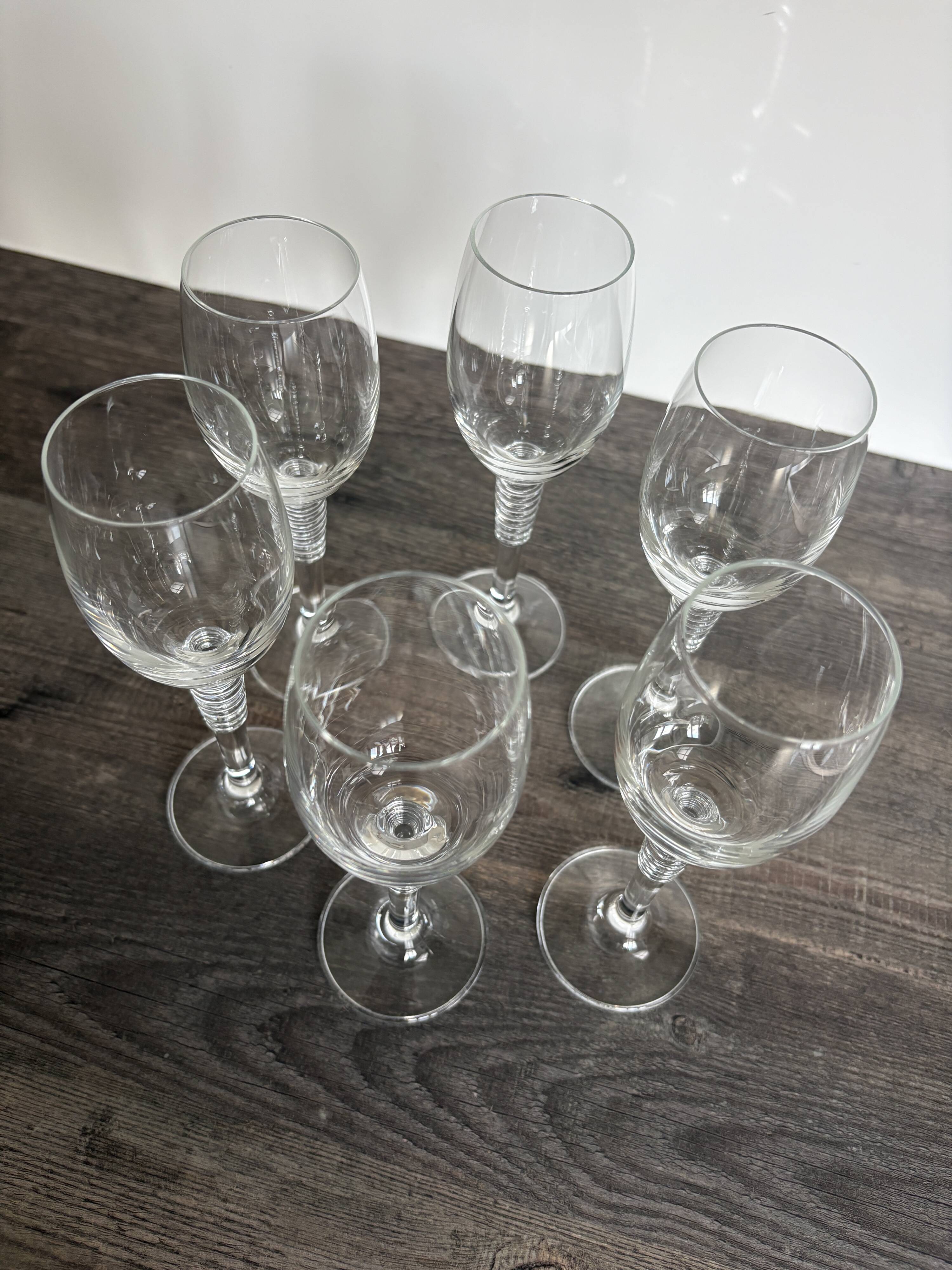 6 Vintage Ribbed Stem Crystal Glasses