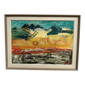 Huile sur panneau d'origine suédoise - "Paysage abstrait" par Ragnar Godin - Daté de 1968 - Encadré