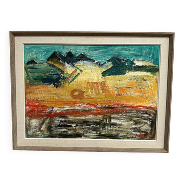 Huile sur panneau d'origine suédoise - "Paysage abstrait" par Ragnar Godin - Daté de 1968 - Encadré