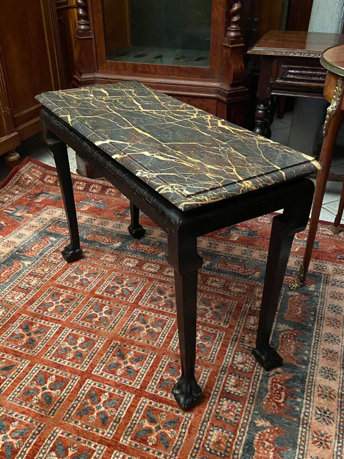 Console sofa back solid wood carved marble yellow vein Indochina late nineteenth