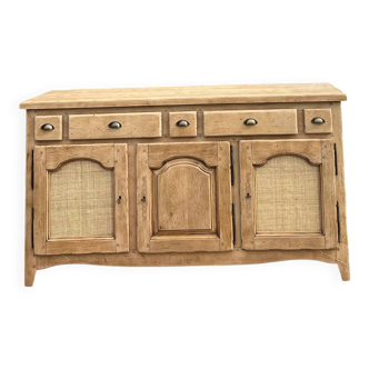 Enfilade ancienne / buffet en chêne massif brut et cannage
