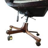 Vintage mahogany and havana leather office chair with wheels from around 1970.
