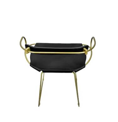 Bar stool with a vintage brass backrest and black leather.