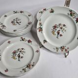 Set of 10 porcelain plates, floral and bird decoration, 18 cm, vintage