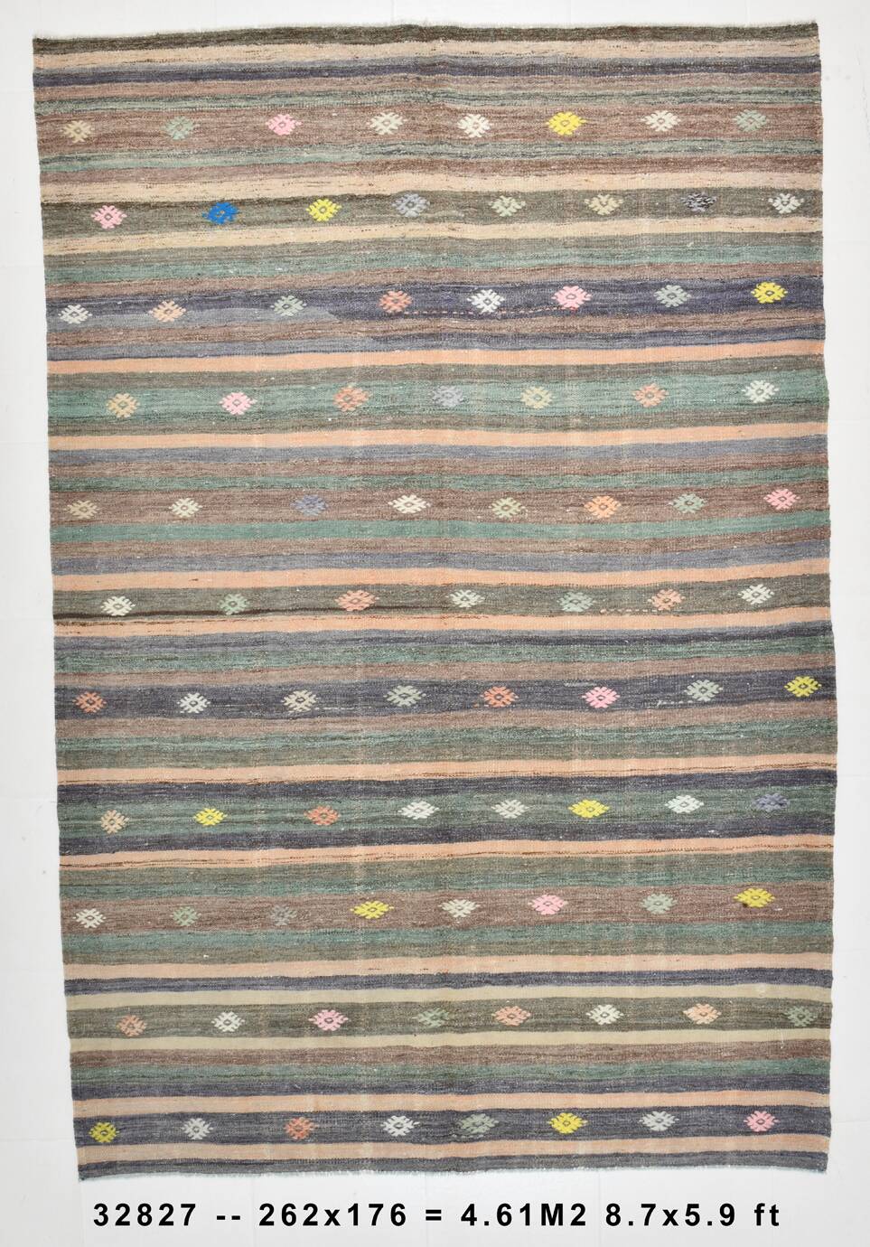 6x9 Gray & Green Striped Pattern Kilim Rug, 176x262Cm