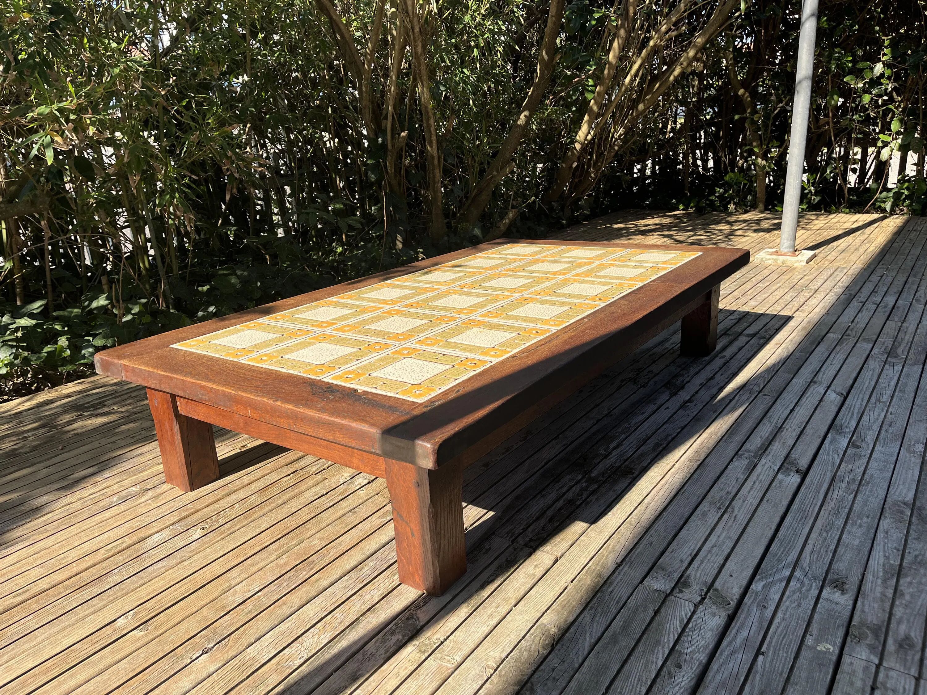Large vintage 1960s oak and ceramic coffee table.