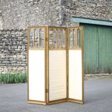 Vintage screen, old 3-panel screen, molded wood and fabric screen