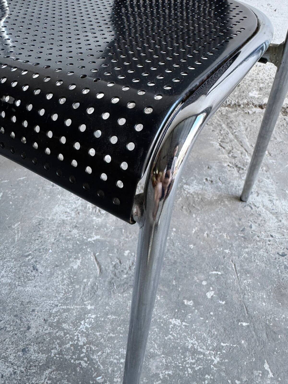 Set of 2 black perforated metal chairs with chrome frame, 1980s industrial-modern design