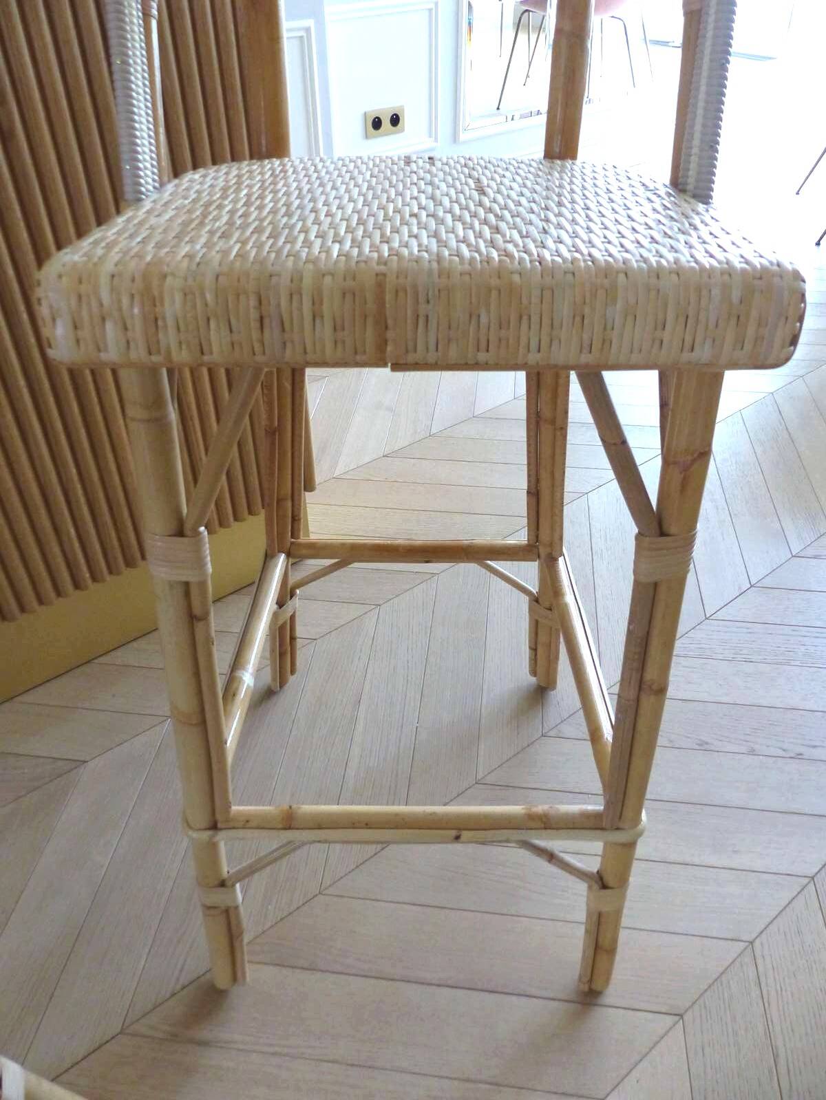 Lot of 3 Maison Louis Drucker light Manila rattan bistro high chairs.