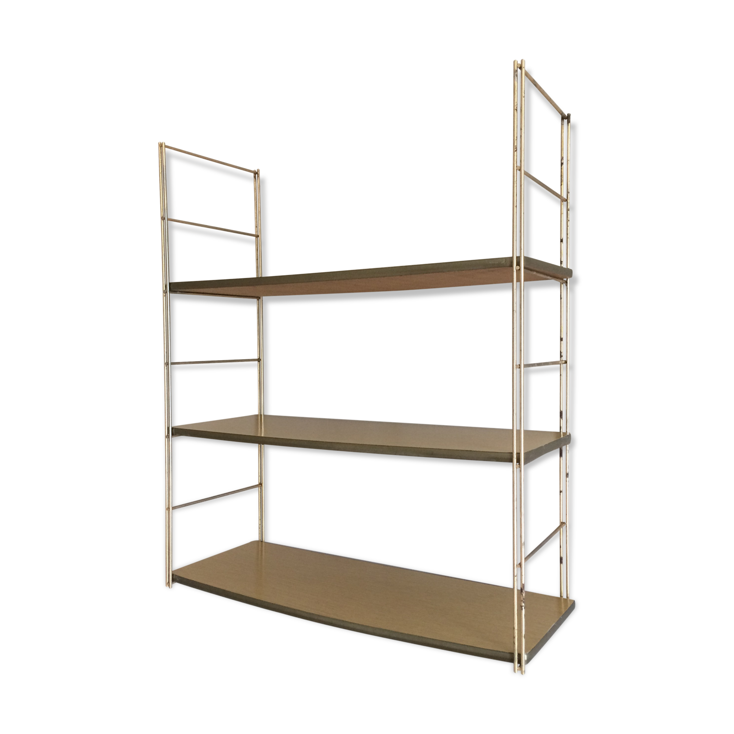 String shelf with wooden trays and formica