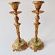 Pair of neoclassical candle holders in gilded bronze and green onyx, bust of
