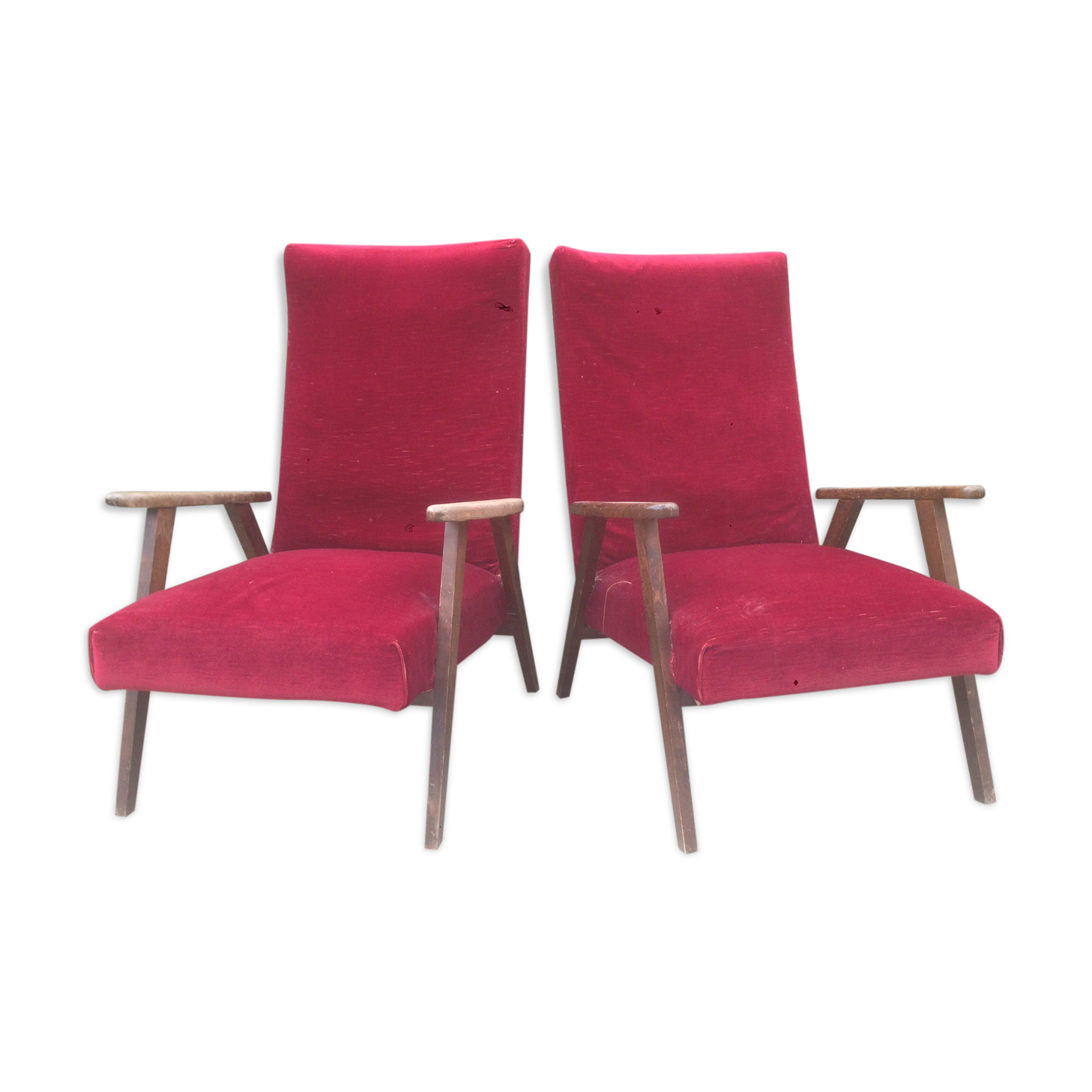 Pair of vintage armchairs with compass legs in beech and velvet.