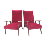 Pair of vintage armchairs with compass legs in beech and velvet.