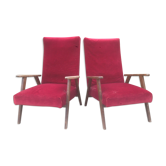 Paire de fauteuils vintage pieds compas en hêtre et velours.