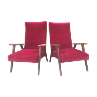 Pair of vintage armchairs with compass legs in beech and velvet.
