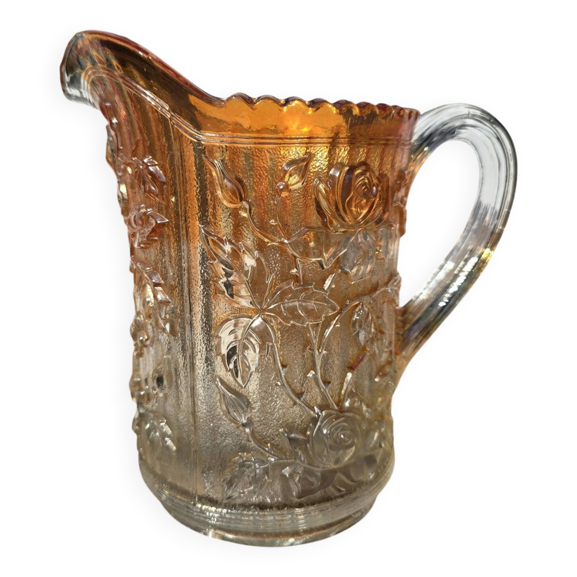 Pichet vintage Carnival Glass Marigold motifs roses –Années 1920-30