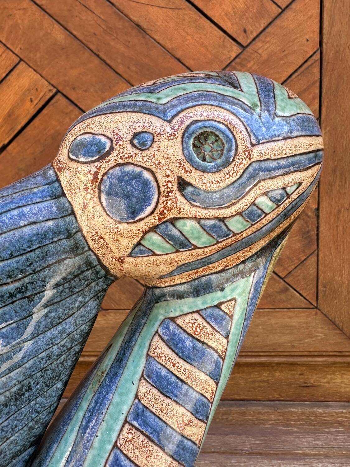 Pelican sculpture in cloisonné enamel ceramic by Émile Masson circa 1960