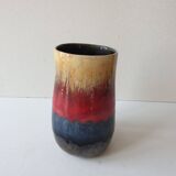 Vase vintage en céramique jaune, rouge et bleue