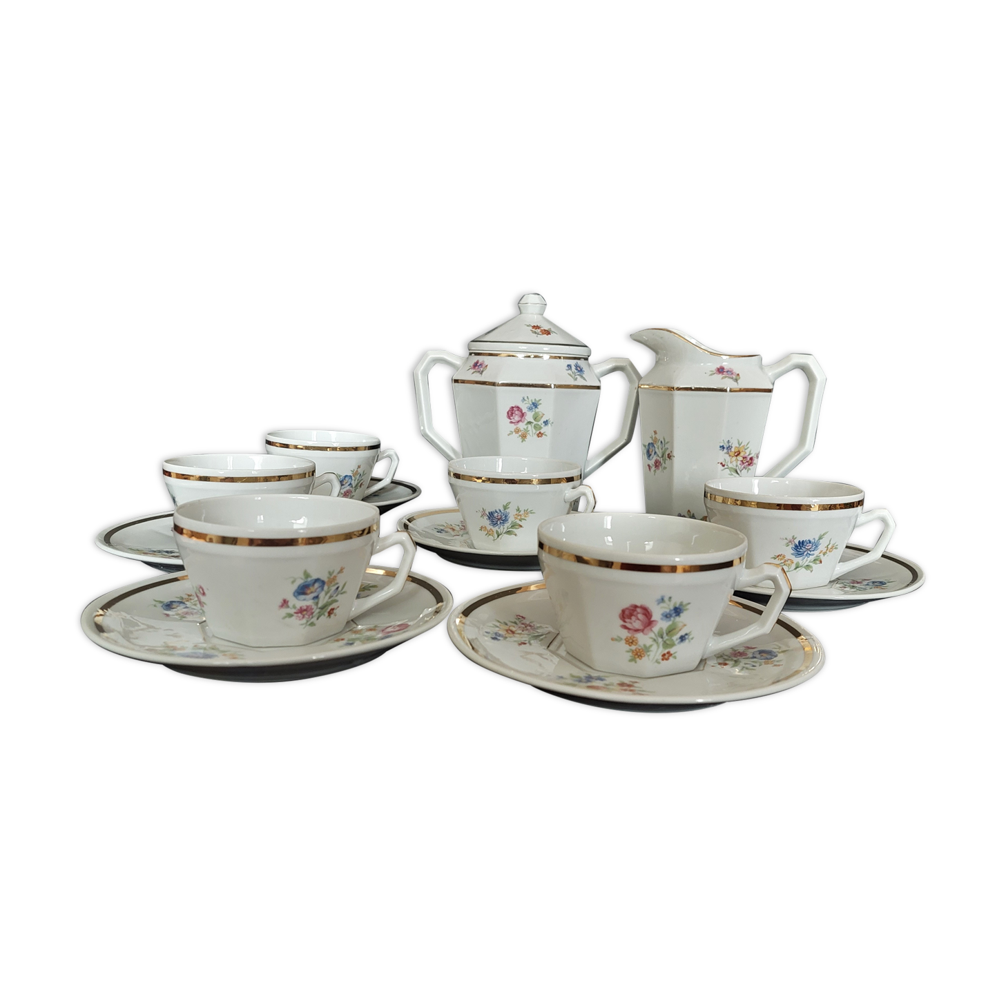 Tea set six cups Limoges porcelain floral decoration