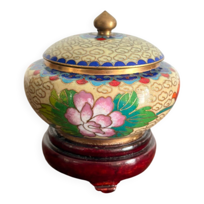 Ancien Boîte Pot Couvercle Cloisonné Chinois Pivoine Bijoux Cosmétique