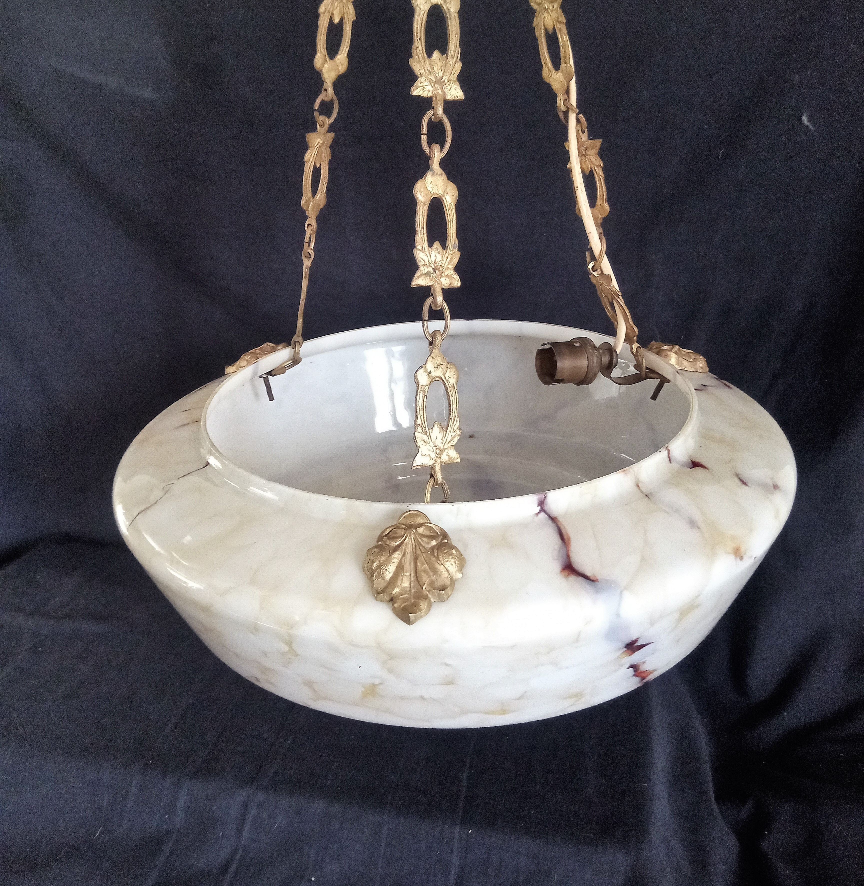 Art Deco brass and marbled glass chandelier, 1950s - 1960s