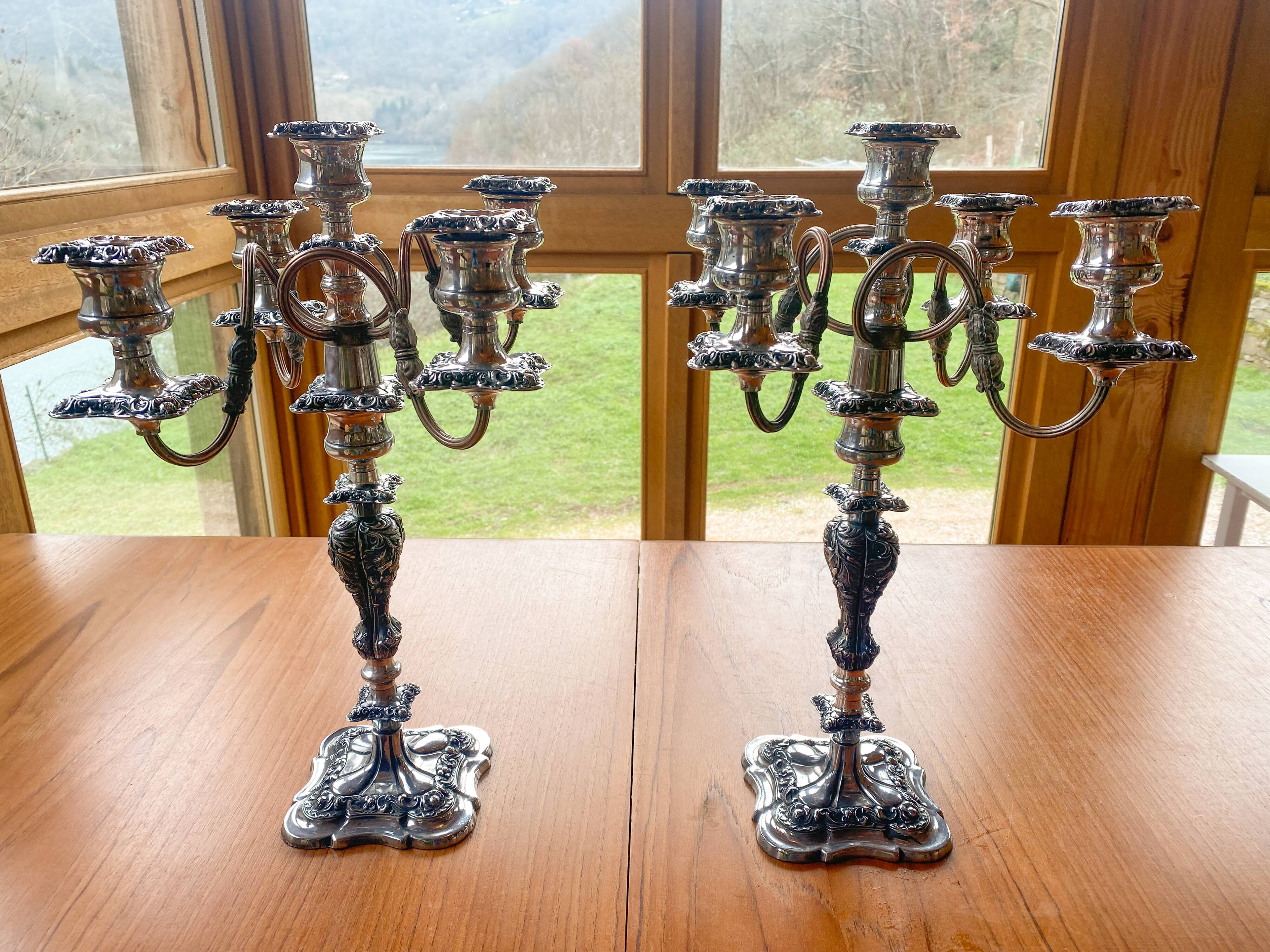 Pair candelabras in silvered bronze