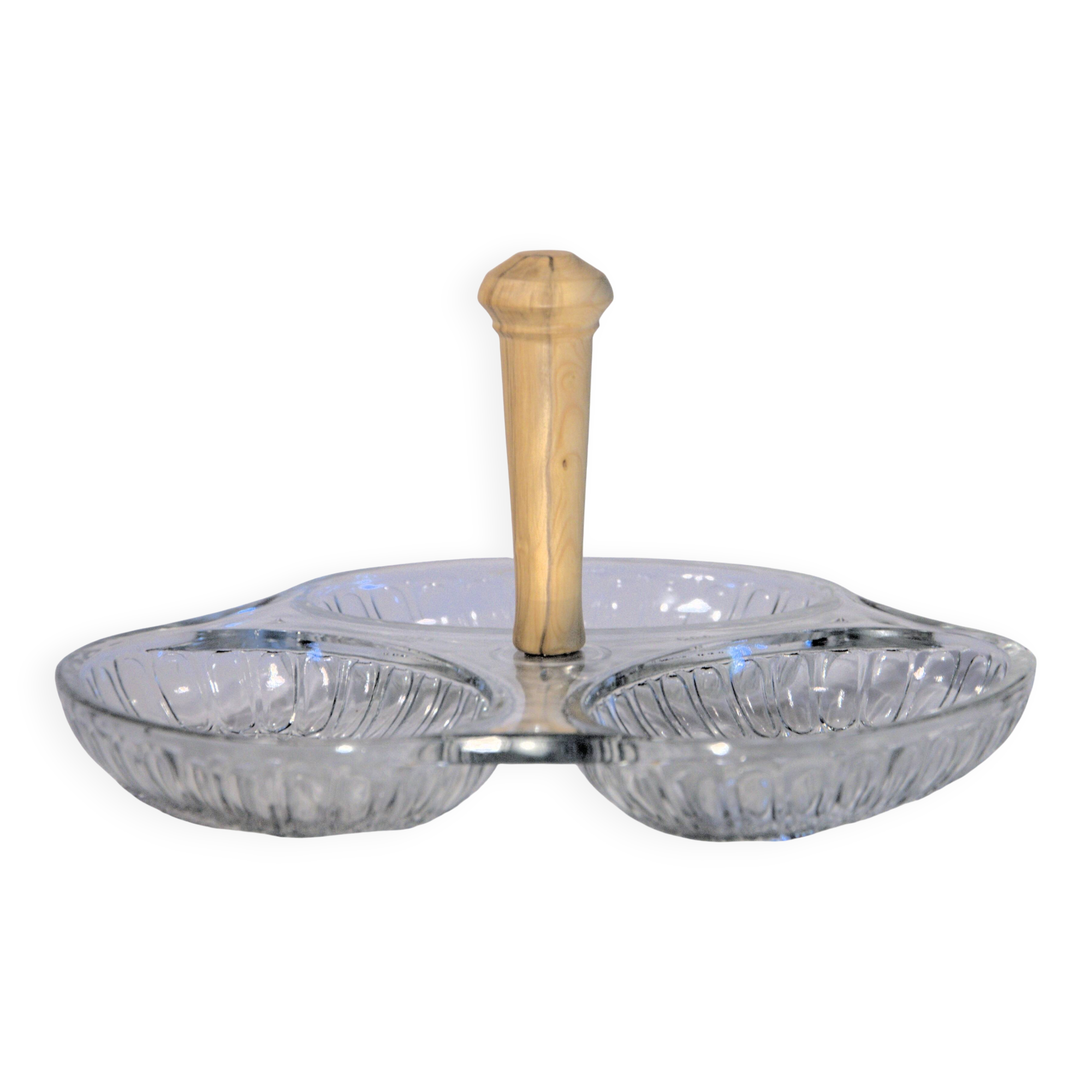 Glass dish with 3 compartments Val Saint-Lambert, beech handle, 23x10cm