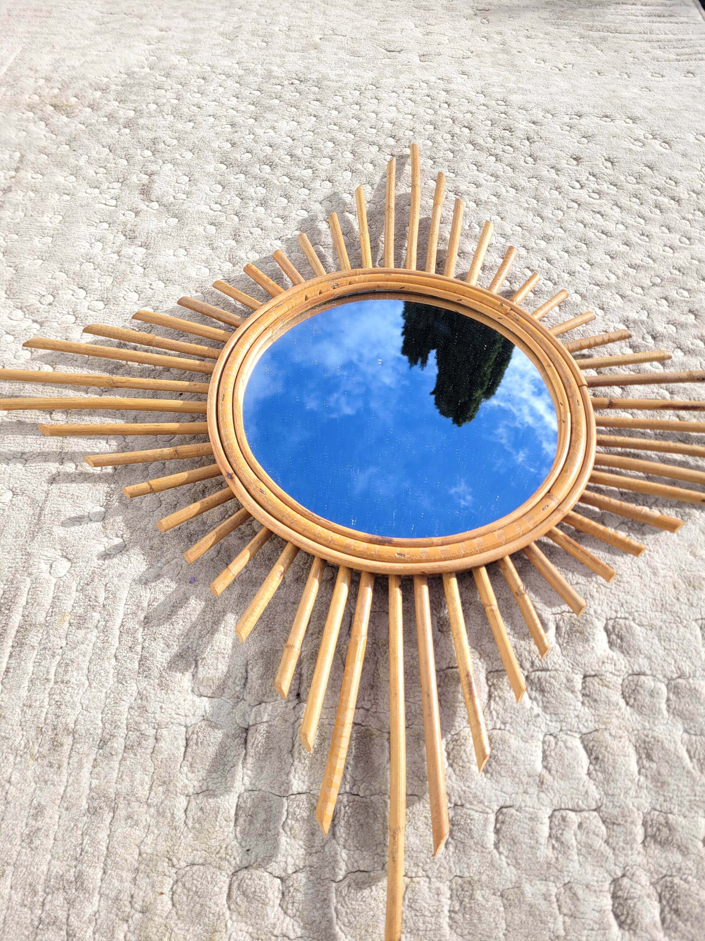 Vintage rattan sun mirror circa 1970