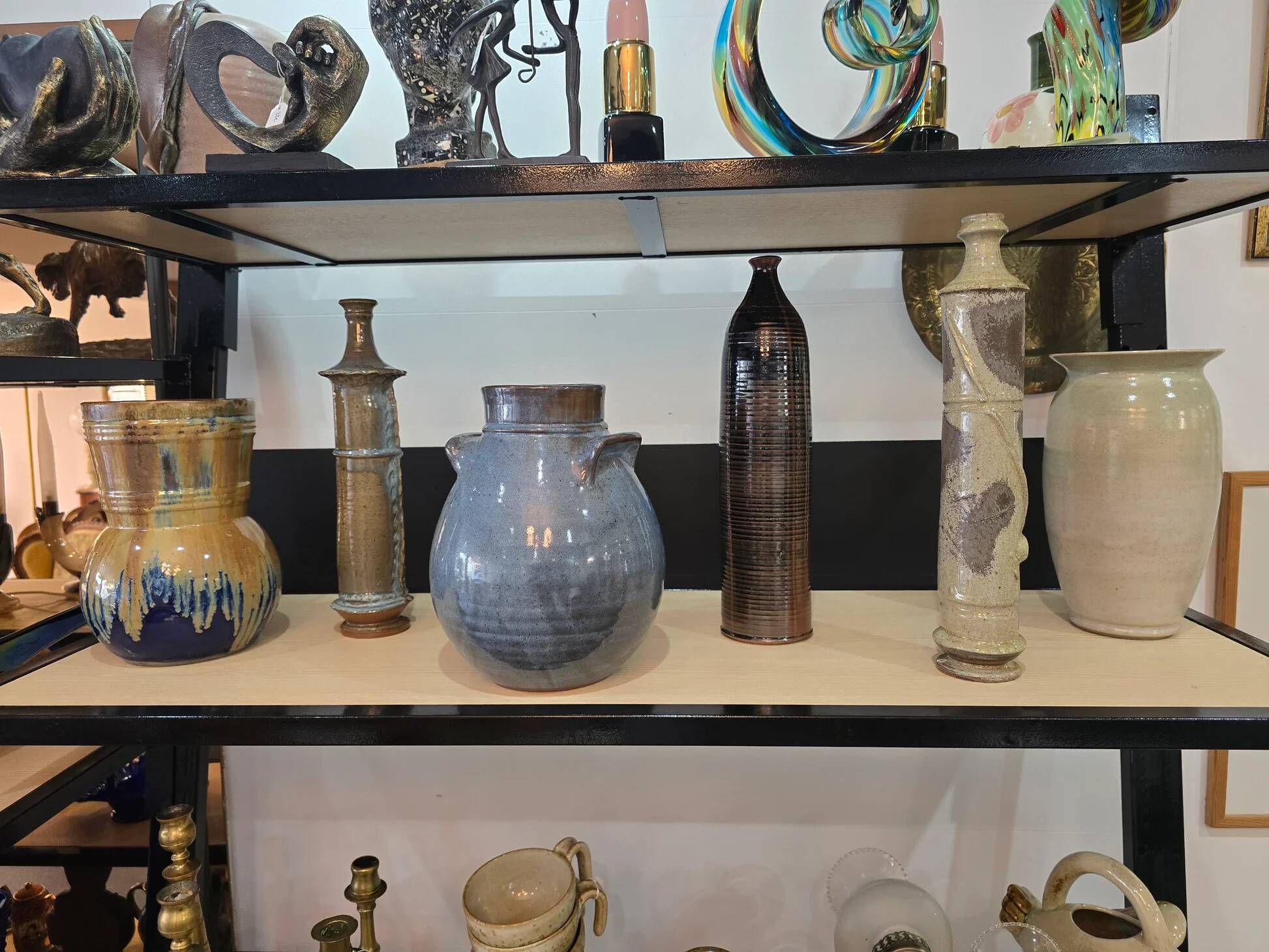 Blue glazed stoneware vase – Squat shape with handles – Handmade craftsmanship