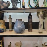 Blue glazed stoneware vase – Squat shape with handles – Handmade craftsmanship