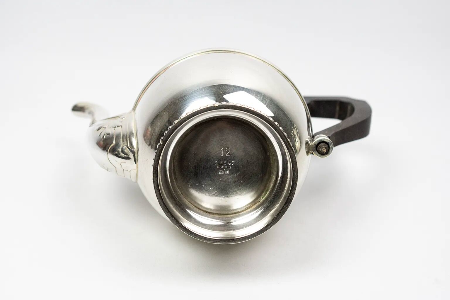 Silver-plated metal coffee pot Ercuis — decorated with bead friezes, ebony handle.