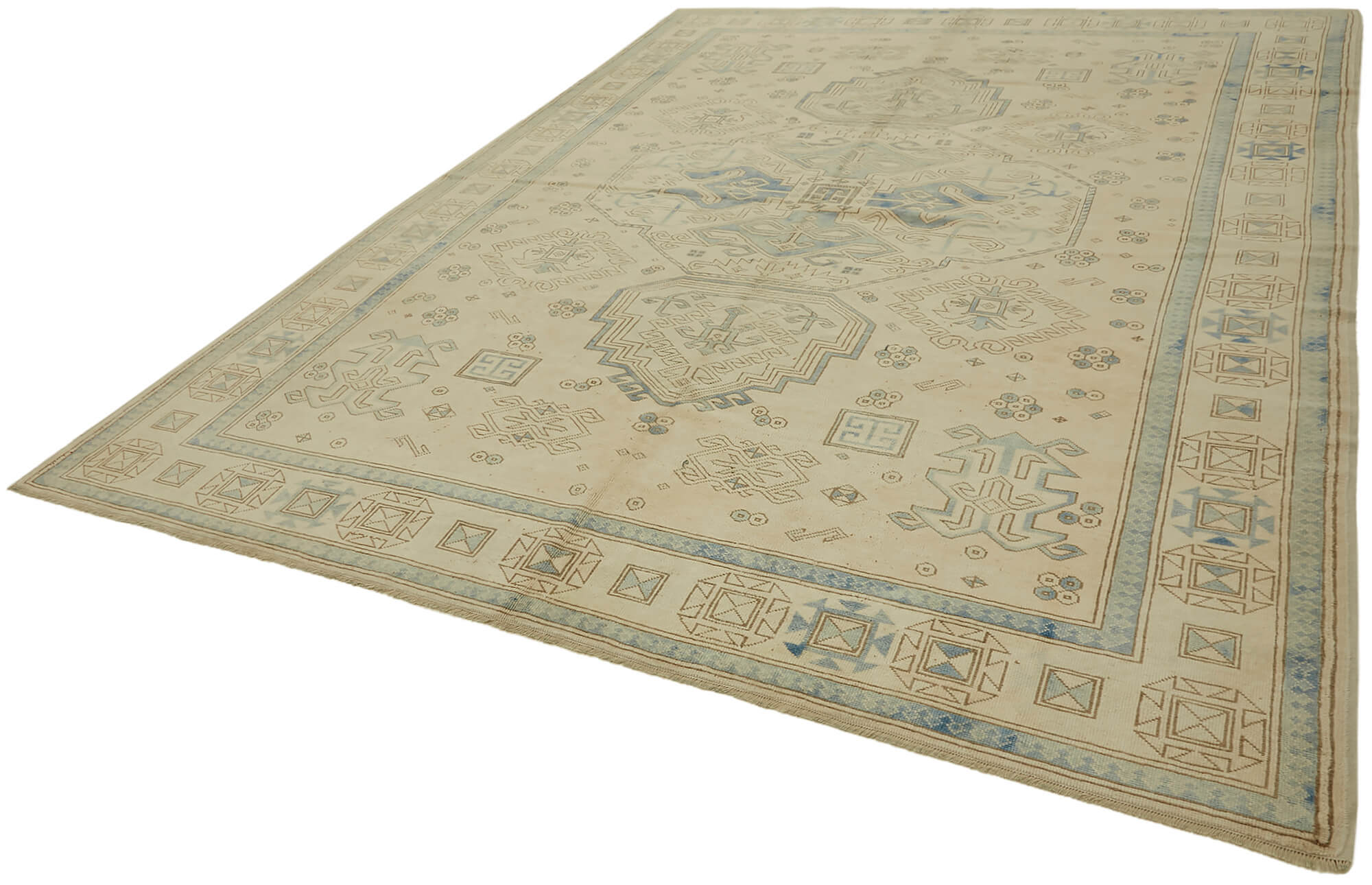 Hand-knotted anatolian vintage 1970s 263 cm x 348 cm beige wool carpet