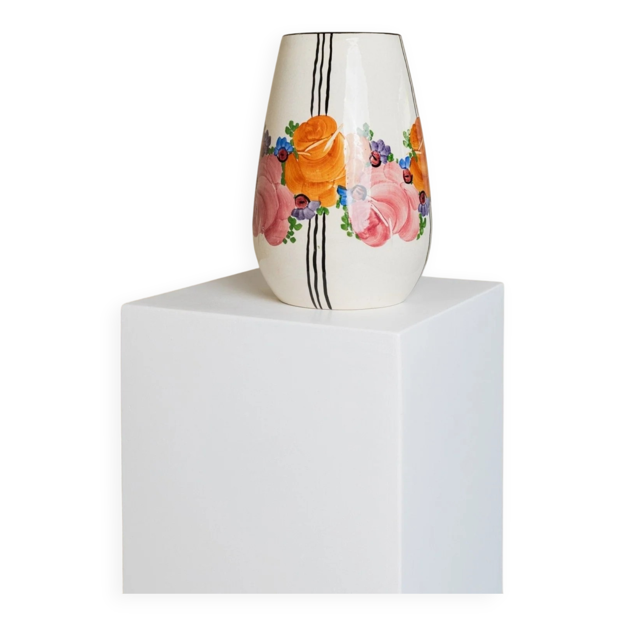 Cream Ceramic Vase by Zeh Scherzer - Hand-Painted Bulbous Mid-Century Floral Stripe, 1970s