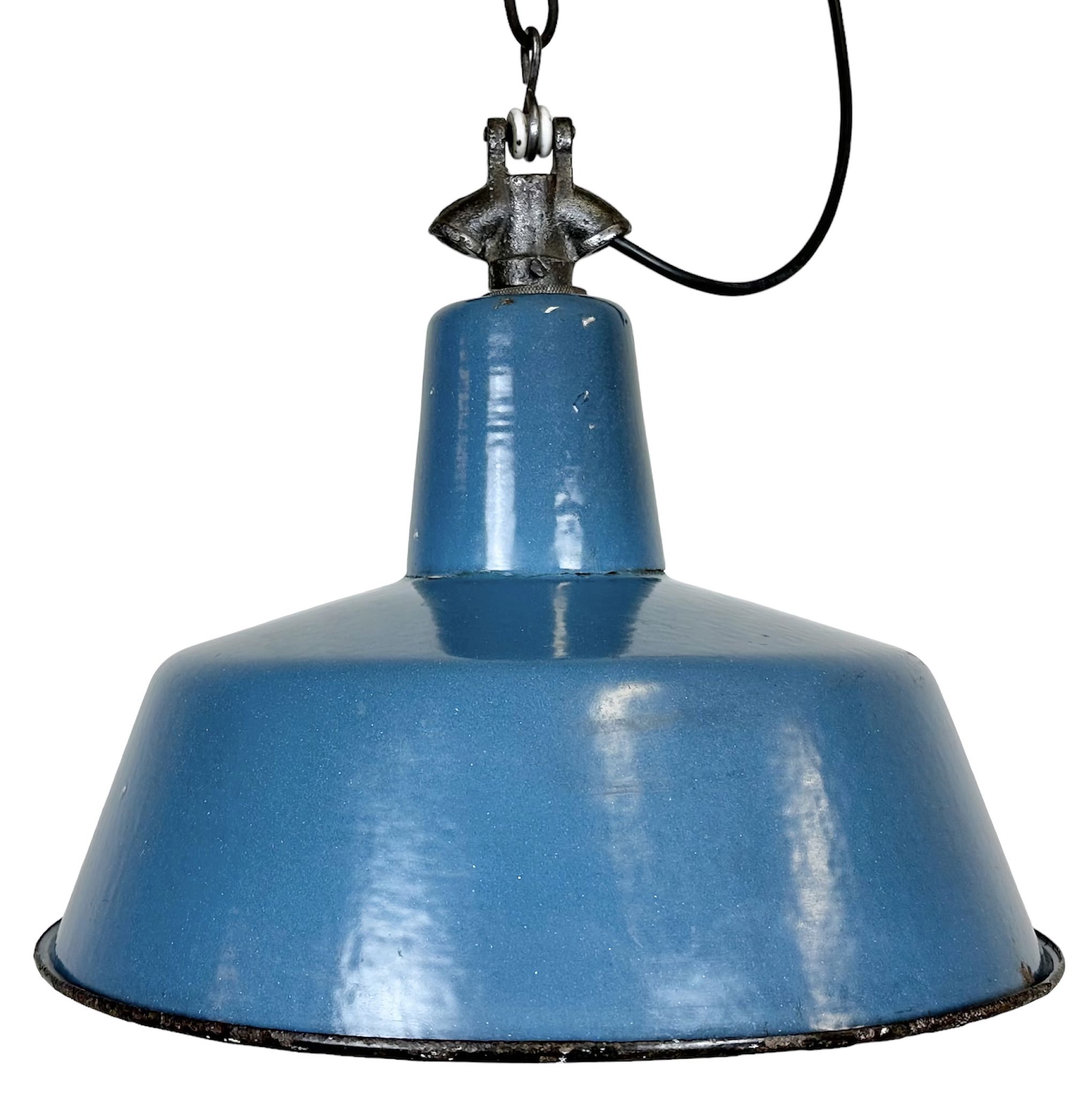 Industrial Blue Enamel Factory Lamp with Cast Iron Top, 1960s